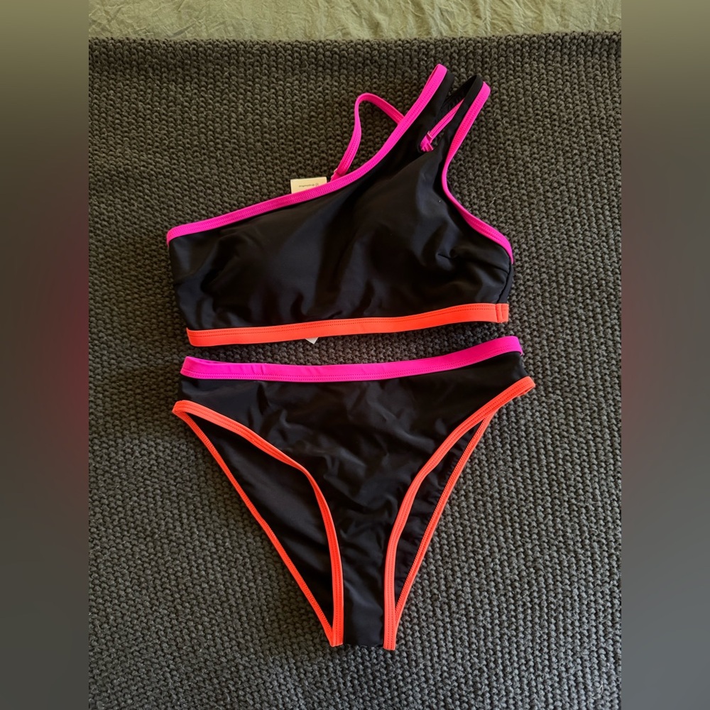CUPSHE Neon Pink Orange and Black Two Piece Swimwear Size Small